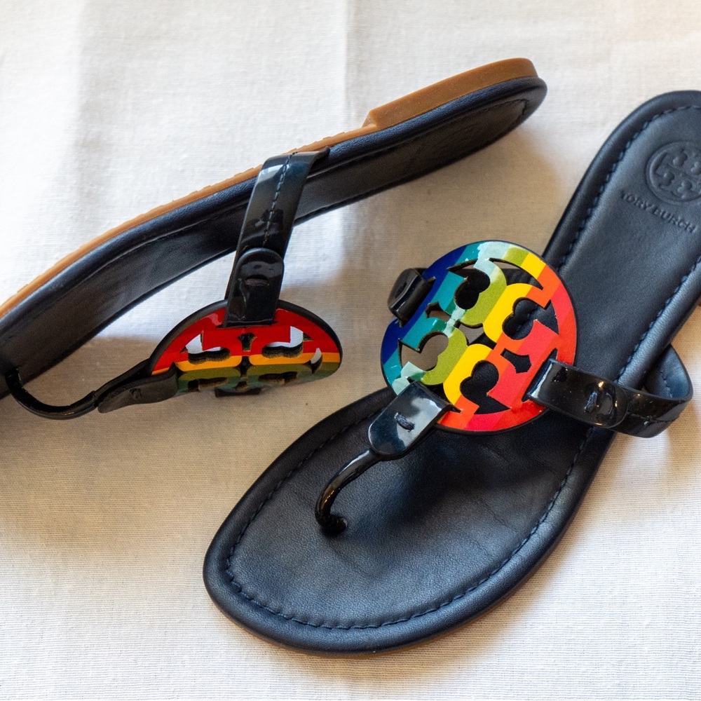 COPY - Tory Burch Miller Royal Navy Rainbow Reva Leather Thong Slide Sandals -s…